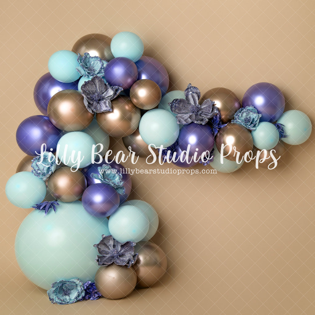 Shades Of Gold & Blue Balloons - Lilly Bear Studio Props, balloon, balloon arch, balloon flowers, balloon garland, balloon wall, balloons, balloons and flowers, blooming flowers, metallic, metallic balloon wall, metallic purple, mint, mint and purple, mint flowers, pastel balloon wall, pastel purple, pastel wall, purple balloon wall, purple balloons