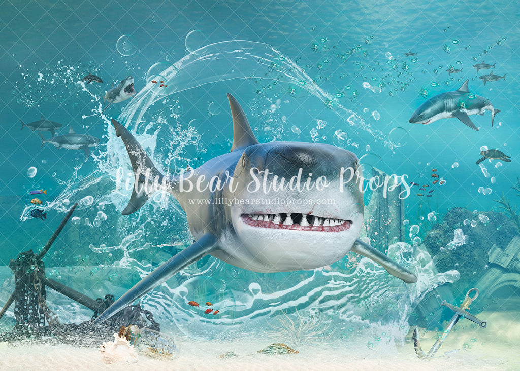 Shark Attack - Lilly Bear Studio Props, baby shark, coral reef, Fabric, FABRICS, fish, fishing, jaws, little mermaid, mermaid, mermaid reef, ocean floor, shark, shark baby, silver glitter, under the ocean, under the sea