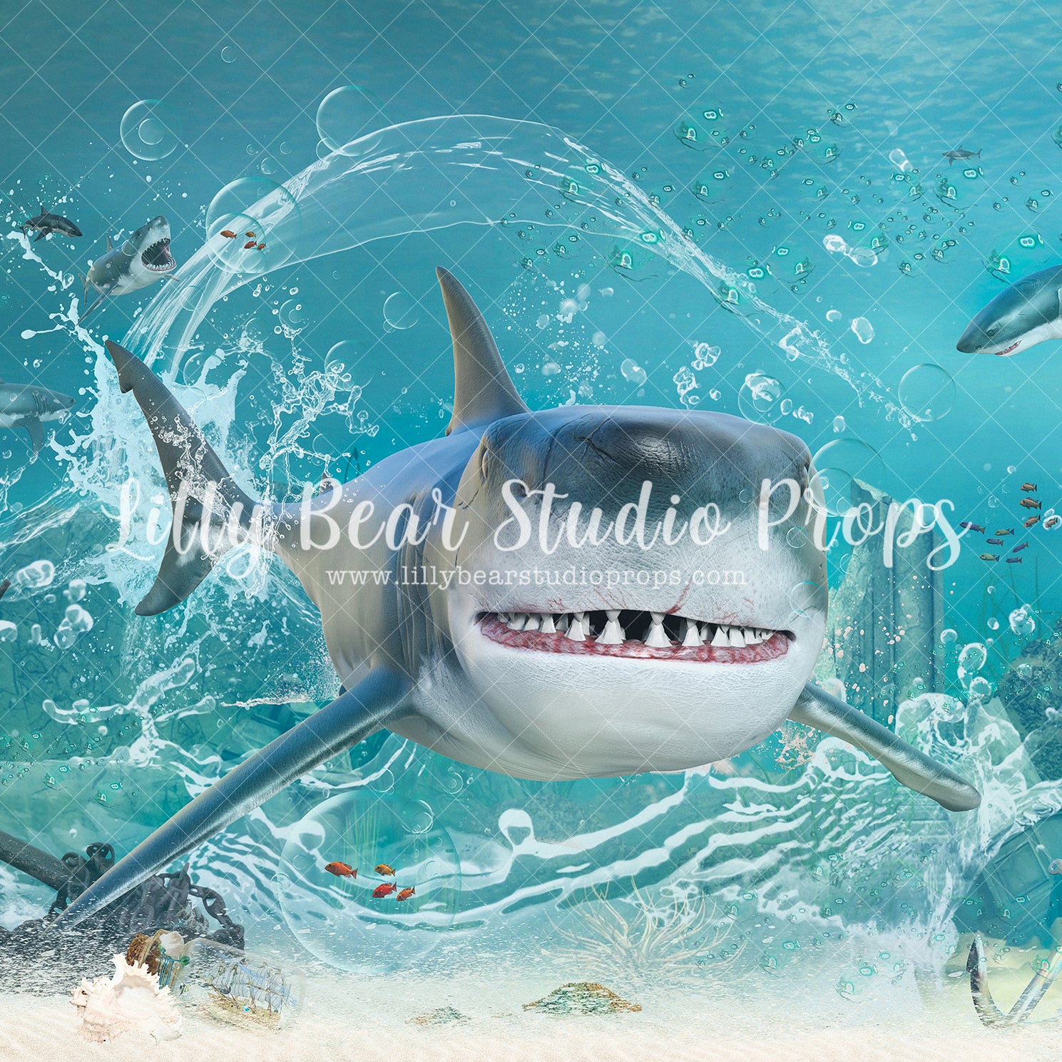 Shark Attack - Lilly Bear Studio Props, baby shark, coral reef, Fabric, FABRICS, fish, fishing, jaws, little mermaid, mermaid, mermaid reef, ocean floor, shark, shark baby, silver glitter, under the ocean, under the sea