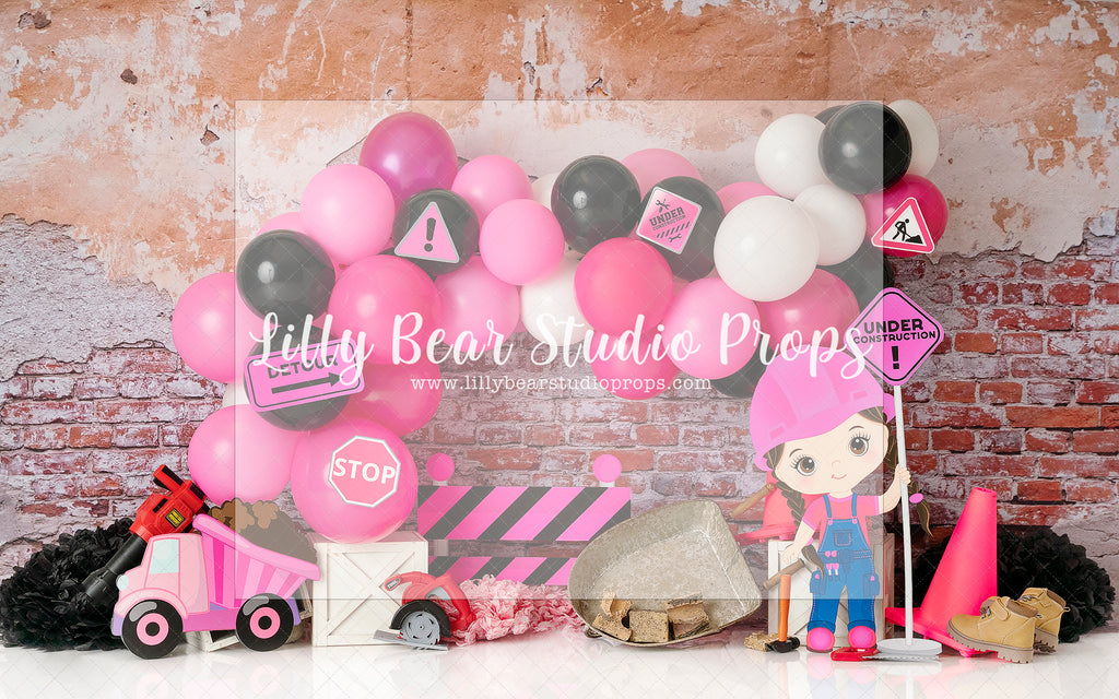 She's under Construction - Lilly Bear Studio Props, balloon wall, construction, construction truck, construction workers, dump truck, pink and black, pink and black balloons, pink balloon garland