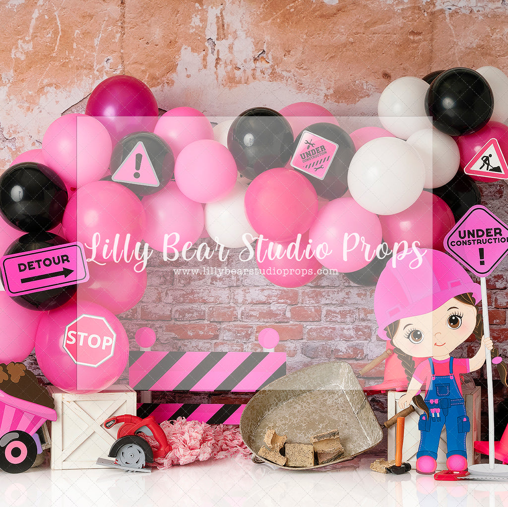 She's under Construction - Lilly Bear Studio Props, balloon wall, construction, construction truck, construction workers, dump truck, pink and black, pink and black balloons, pink balloon garland