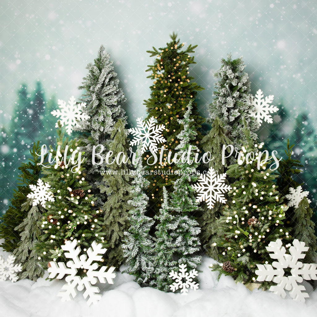 Shimmering Snowflake Forest - Lilly Bear Studio Props, arctic pines, christmas, christmas trees, christmas village, evergreen trees, evergreens, forest, holiday, holiday christmas, pine tree forest, pine trees, silver winter, snow, snow forest, snoweflakes, snowflakes, snowy forest, snowy pine, snowy pine trees, snowy trees, village, white christmas, white holiday, white winter, winter, winter christmas, winter diamond