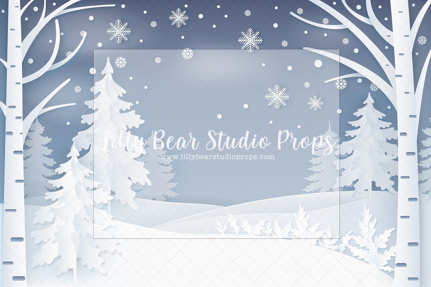 Silhouette Forest - 12x8' Wrinkle Free Fabric RTS - Lilly Bear Studio Props, arctic pines, birch, birch forest, christmas, christmas forest, christmas snow, Fabric, holiday, holiday christmas, silver winter, snow, snow flakes, snow forest, snowflakes, snowy, snowy forest, snowy trees, white christmas, white forest, white holiday, white pine trees, white pines, white winter, winter, winter christmas, winter diamond, Wrinkle Free Fabric