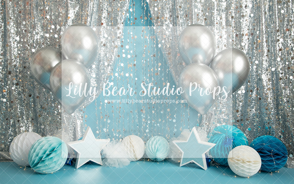 Silver Event - Lilly Bear Studio Props, birthday girl, blue, blue stars, chrome balloon, confetti balloons, glitter silver, one, purple flowers, silver balloons, silver beaded curtain, silver curtains, stars