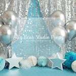 Silver Event - Lilly Bear Studio Props, birthday girl, blue, blue stars, chrome balloon, confetti balloons, glitter silver, one, purple flowers, silver balloons, silver beaded curtain, silver curtains, stars