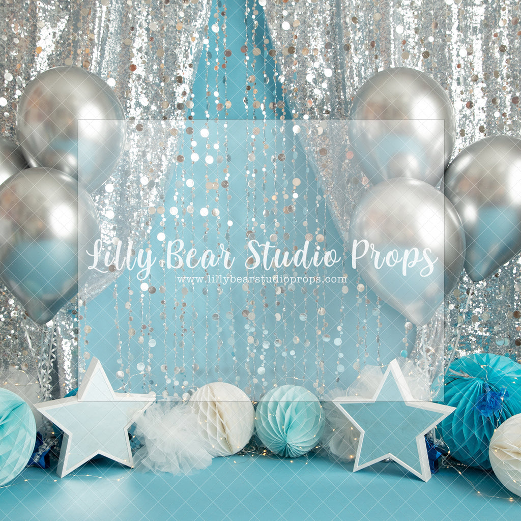 Silver Event - Lilly Bear Studio Props, birthday girl, blue, blue stars, chrome balloon, confetti balloons, glitter silver, one, purple flowers, silver balloons, silver beaded curtain, silver curtains, stars
