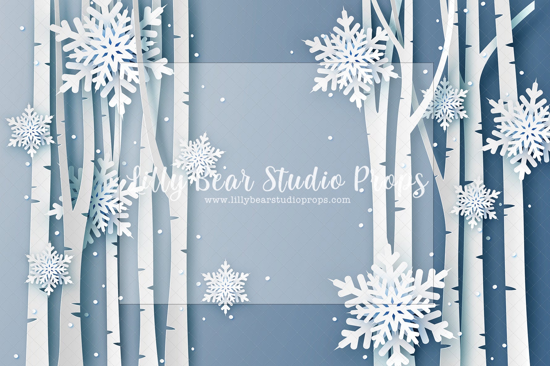 Snowflakes & Birch Trees - 12x8' Wrinkle Free Fabric RTS - Lilly Bear Studio Props, arctic pines, birch, birch forest, christmas, christmas forest, christmas snow, Fabric, holiday, holiday christmas, silver winter, snow, snow flakes, snow forest, snowflakes, snowy, snowy forest, snowy trees, white christmas, white forest, white holiday, white pine trees, white pines, white winter, winter, winter christmas, winter diamond, Wrinkle Free Fabric