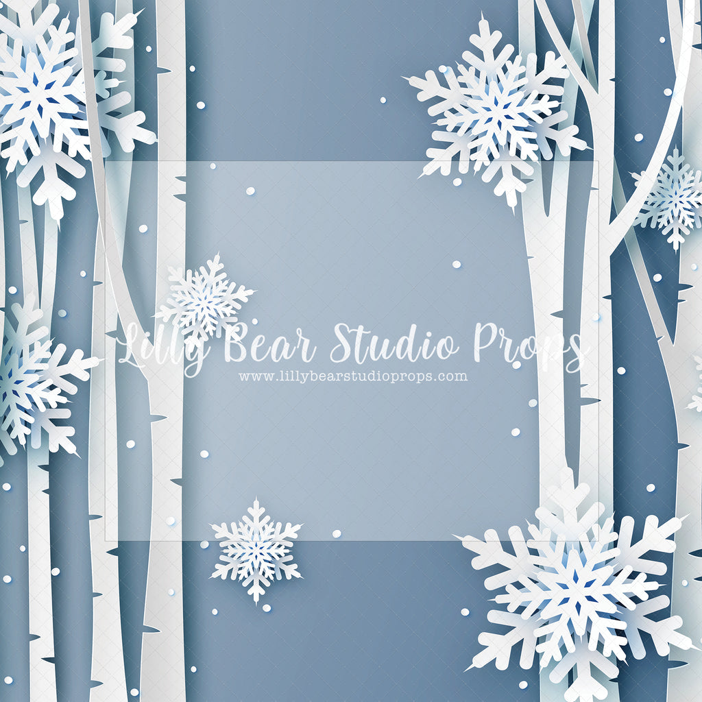Snowflakes & Birch Trees - 12x8' Wrinkle Free Fabric RTS - Lilly Bear Studio Props, arctic pines, birch, birch forest, christmas, christmas forest, christmas snow, Fabric, holiday, holiday christmas, silver winter, snow, snow flakes, snow forest, snowflakes, snowy, snowy forest, snowy trees, white christmas, white forest, white holiday, white pine trees, white pines, white winter, winter, winter christmas, winter diamond, Wrinkle Free Fabric