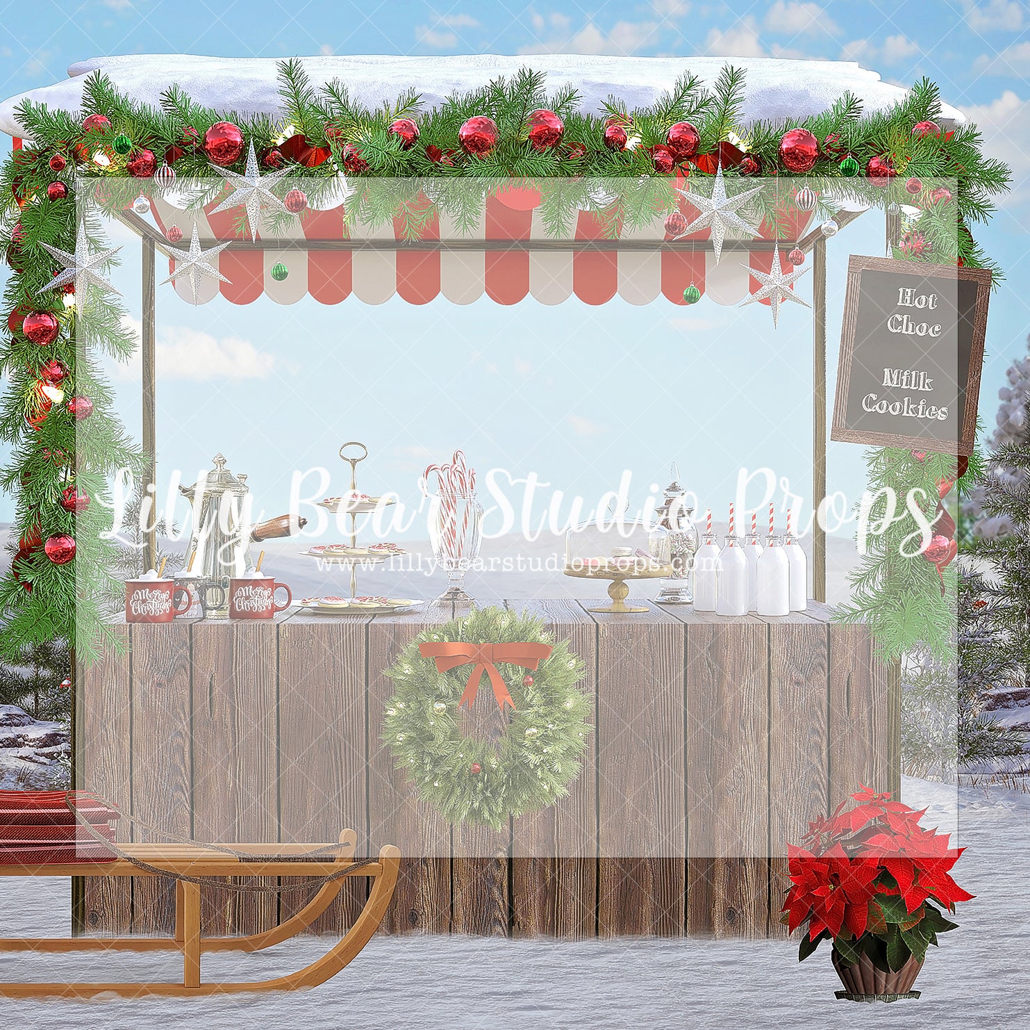 Snowy Hot Cocoa Stand - Lilly Bear Studio Props, christmas, Cozy, Decorated, Festive, Giving, Holiday, Holy, Hopeful, Joyful, Merry, Peaceful, Peacful, Red & Green, Seasonal, Winter, Xmas, Yuletide