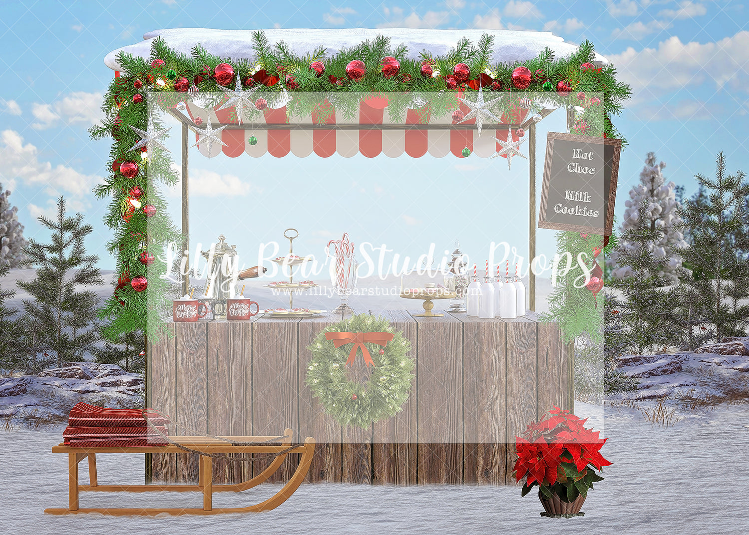 Snowy Hot Cocoa Stand - Lilly Bear Studio Props, christmas, Cozy, Decorated, Festive, Giving, Holiday, Holy, Hopeful, Joyful, Merry, Peaceful, Peacful, Red & Green, Seasonal, Winter, Xmas, Yuletide