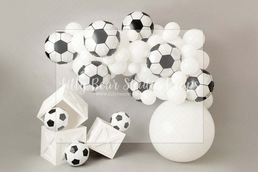 Soccer Ball Goal - Lilly Bear Studio Props, balloons, birthday, boy birthday, boy sports, one, silver confetti, silver confetti balloon, soccer, soccer balloons, soccer balls, soccer field, sports, sports fan, sports game, sports party, sports team, sports theme, tassles