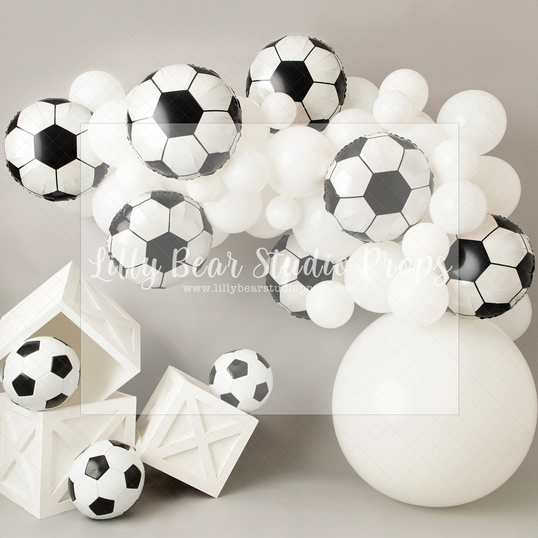 Soccer Ball Goal - Lilly Bear Studio Props, balloons, birthday, boy birthday, boy sports, one, silver confetti, silver confetti balloon, soccer, soccer balloons, soccer balls, soccer field, sports, sports fan, sports game, sports party, sports team, sports theme, tassles