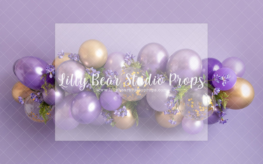 Soiree Wall - Lilly Bear Studio Props, birthday girl, chrome balloon, confetti balloons, gold balloons, gold confetti, gold confetti balloons, gold one, one, purple flowers