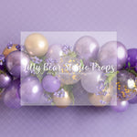 Soiree Wall - Lilly Bear Studio Props, birthday girl, chrome balloon, confetti balloons, gold balloons, gold confetti, gold confetti balloons, gold one, one, purple flowers