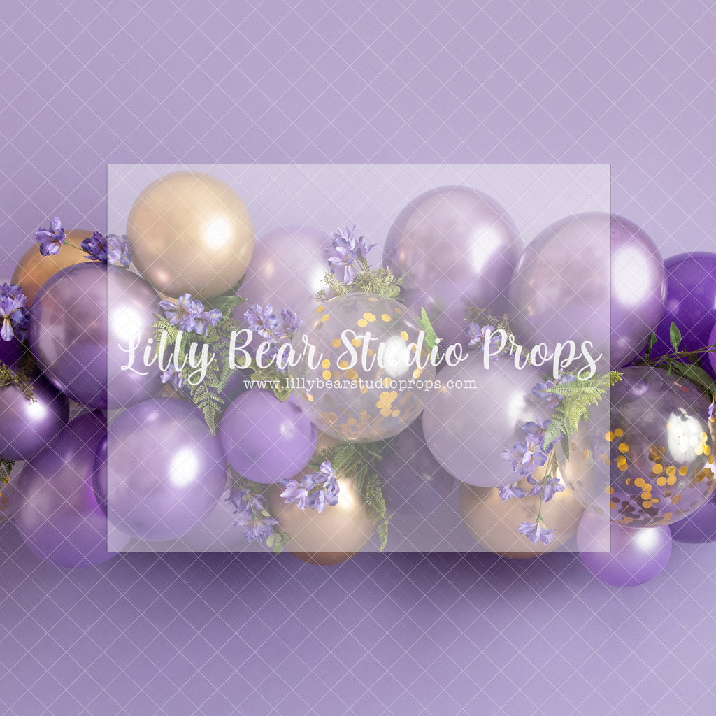 Soiree Wall - Lilly Bear Studio Props, birthday girl, chrome balloon, confetti balloons, gold balloons, gold confetti, gold confetti balloons, gold one, one, purple flowers