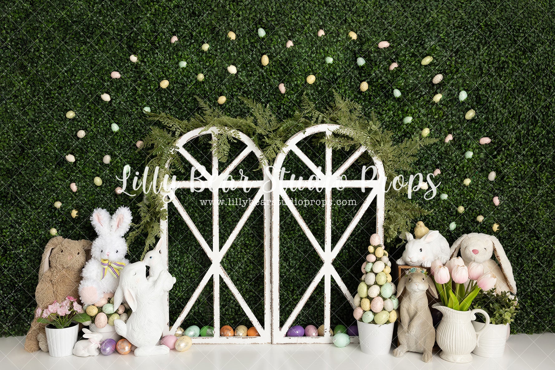 Some Bunny Secret Garden - Lilly Bear Studio Props, boxwood, boxwood wall, bunny, bunny one, bush, easter bunny, easter eggs, FABRICS, floral, flowers, garden, grass, green wall, greenery, pink rose, pink roses, purple roses, rabbit, red rose, red roses, rose, roses, some bunny is one, some bunny's one, spring, tulips, valentine, valentines, valentines day, white roses, window