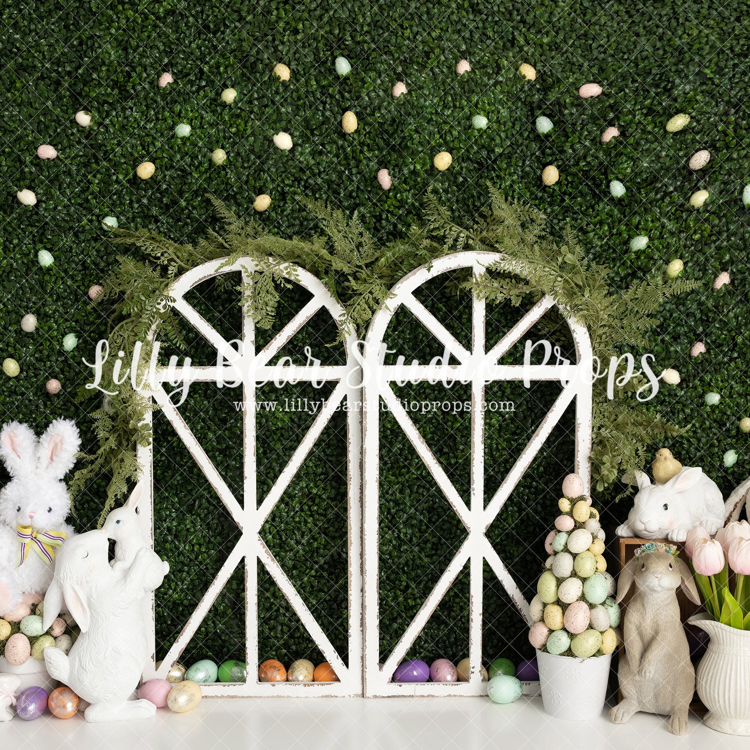 Some Bunny Secret Garden - Lilly Bear Studio Props, boxwood, boxwood wall, bunny, bunny one, bush, easter bunny, easter eggs, FABRICS, floral, flowers, garden, grass, green wall, greenery, pink rose, pink roses, purple roses, rabbit, red rose, red roses, rose, roses, some bunny is one, some bunny's one, spring, tulips, valentine, valentines, valentines day, white roses, window