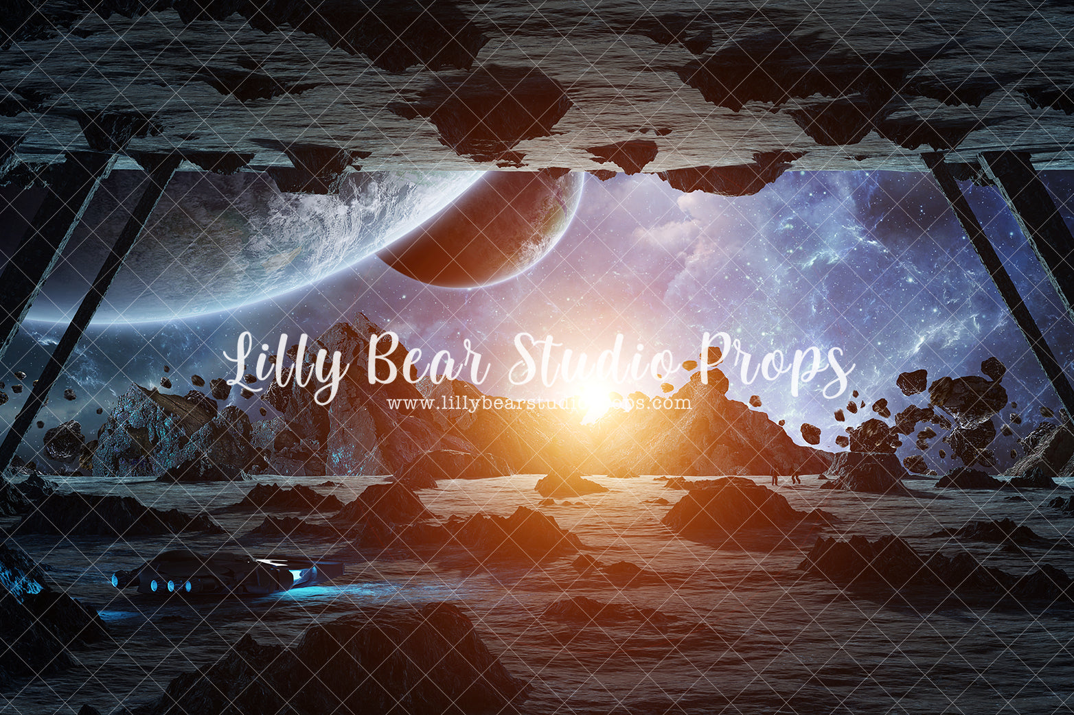 Space Landing - Lilly Bear Studio Props, alien, aliens, astronaut, dark moon, Dark Side, darthvader, death star, full moon, galaxy, galaxy space, glowing moon, jedi, make the force be with you, may the 4th be with you, Millennium Falcon, moon, moon and stars, moon stars, moons, night moon, space, spacecraft, spaceship, star wars, stars, Stormtrooper, the force, UFO, Wrinkle Free Fabric, yoda, yoda one, yoda star wars