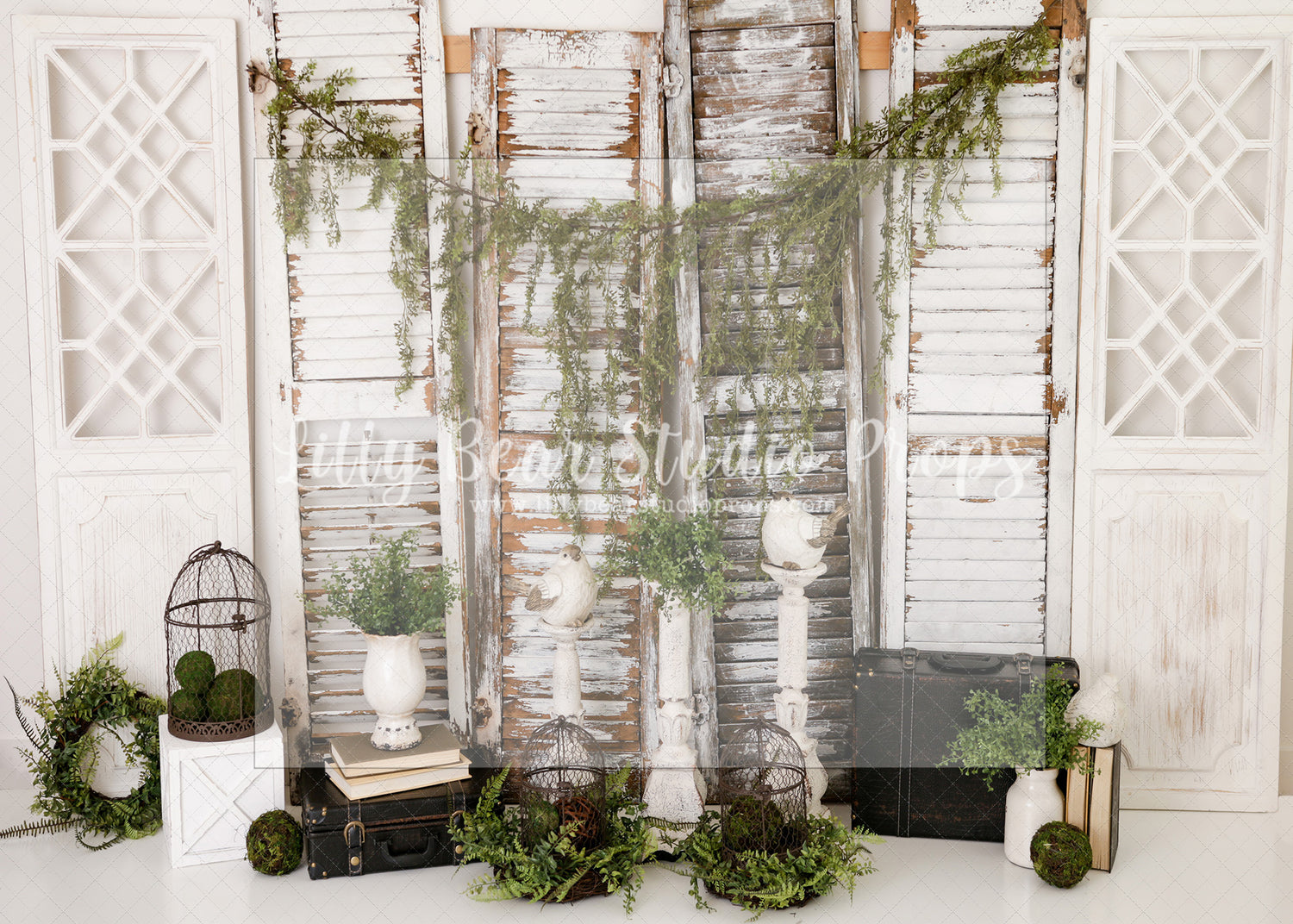 Spanish Moss Shutters - Lilly Bear Studio Props, boho spring, FABRICS, flower barn doors, flower garden, flower ladder, flower stand, fresh flowers, garden, spanish moss, spring, spring garden, spring mini, spring time, springtime, sprintime, tulips, watering can