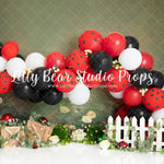 SPOTTED LADY'S GARDEN - Lilly Bear Studio Props, balloon, balloon arch, balloon garland, bananas, black polka dots, flowers, garden, garden entry, garden flowers, garden tea party, lady bug, lady bugs, love bug, picket fence, pretty garden, red black white, spring garden, white balloon arch, white balloons, white picket fence