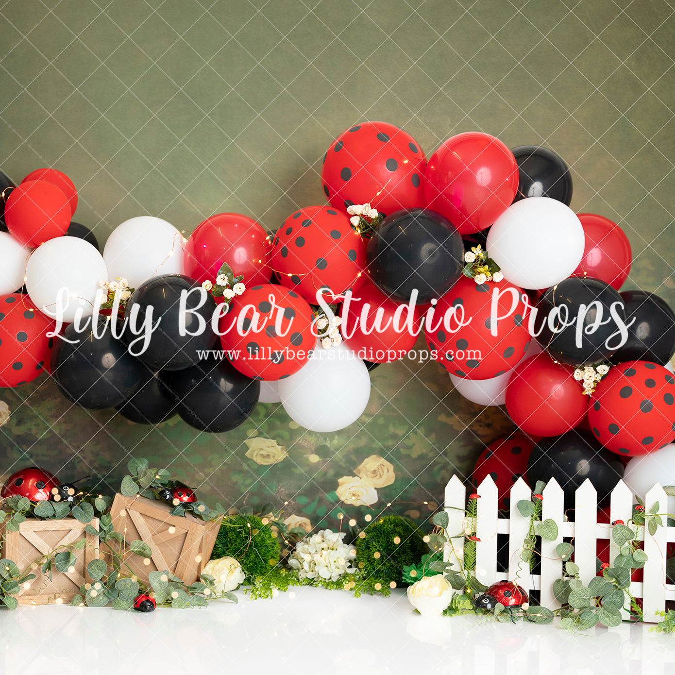 SPOTTED LADY'S GARDEN - Lilly Bear Studio Props, balloon, balloon arch, balloon garland, bananas, black polka dots, flowers, garden, garden entry, garden flowers, garden tea party, lady bug, lady bugs, love bug, picket fence, pretty garden, red black white, spring garden, white balloon arch, white balloons, white picket fence