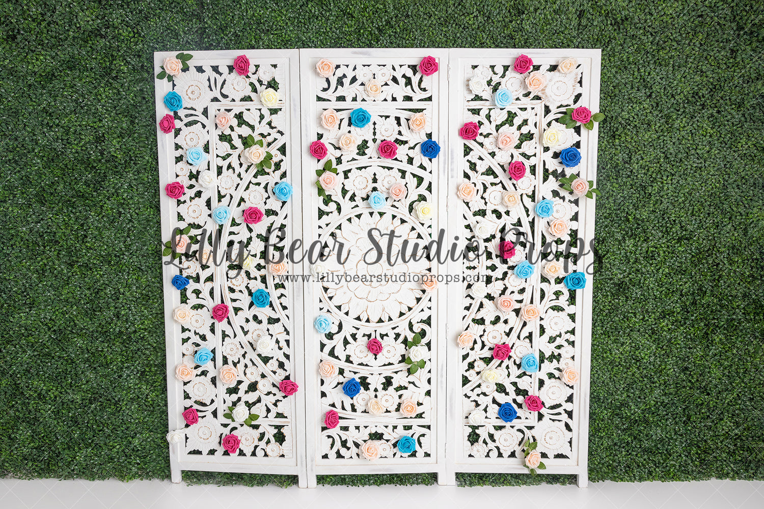 Spring Bloom Divider - Lilly Bear Studio Props, boxwood, boxwood wall, bush, FABRICS, floral, floral headboard, flowers, frame, garden, grass, green wall, greenery, headboard, pink rose, pink roses, purple roses, red rose, red roses, rose, roses, spring, valentine, valentines, valentines day, vintage headboard, white headboard, white roses, window
