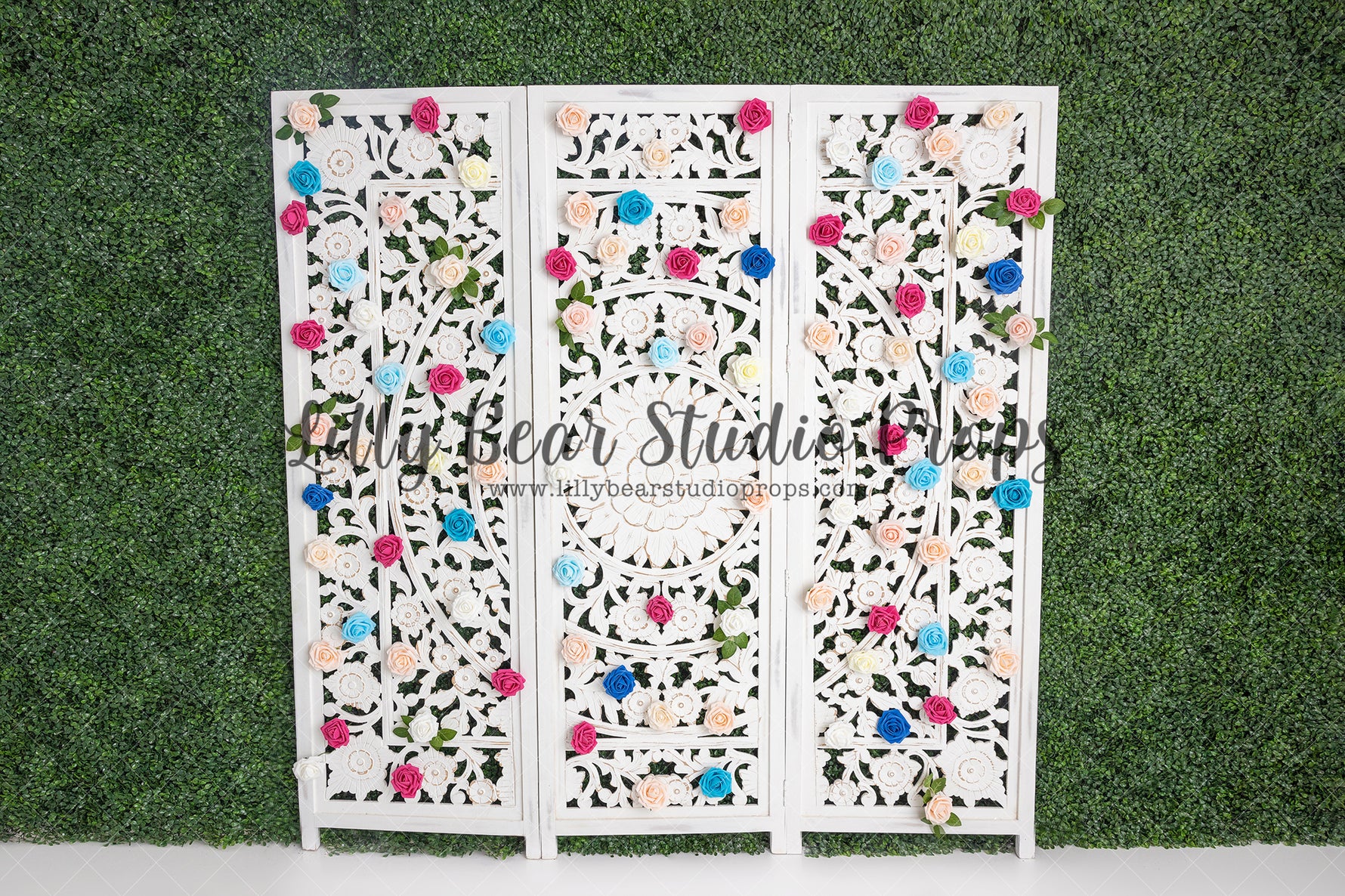 Spring Bloom Divider - Lilly Bear Studio Props, boxwood, boxwood wall, bush, FABRICS, floral, floral headboard, flowers, frame, garden, grass, green wall, greenery, headboard, pink rose, pink roses, purple roses, red rose, red roses, rose, roses, spring, valentine, valentines, valentines day, vintage headboard, white headboard, white roses, window
