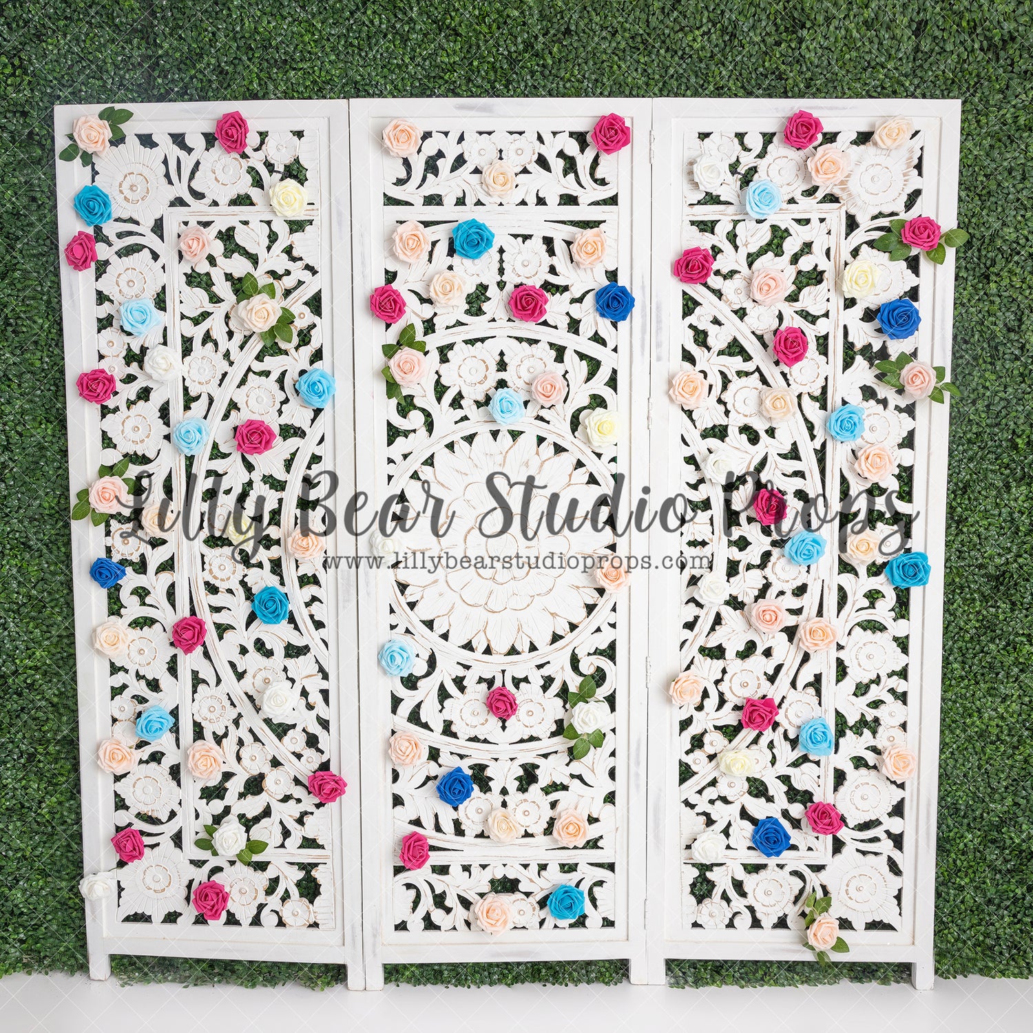Spring Bloom Divider - Lilly Bear Studio Props, boxwood, boxwood wall, bush, FABRICS, floral, floral headboard, flowers, frame, garden, grass, green wall, greenery, headboard, pink rose, pink roses, purple roses, red rose, red roses, rose, roses, spring, valentine, valentines, valentines day, vintage headboard, white headboard, white roses, window