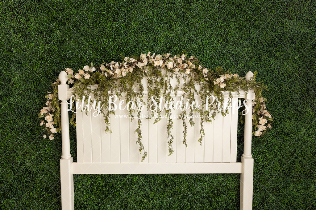 Spring Bloom Headboard - Lilly Bear Studio Props, bed, bed time, boho bed, boxwood, boxwood wall, bush, FABRICS, floral, floral headboard, flowers, frame, garden, grass, green wall, greenery, headboard, pink rose, pink roses, purple roses, red rose, red roses, rose, roses, spring, valentine, valentines, valentines day, vintage headboard, white bed, white headboard, white roses, window