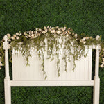 Spring Bloom Headboard - Lilly Bear Studio Props, bed, bed time, boho bed, boxwood, boxwood wall, bush, FABRICS, floral, floral headboard, flowers, frame, garden, grass, green wall, greenery, headboard, pink rose, pink roses, purple roses, red rose, red roses, rose, roses, spring, valentine, valentines, valentines day, vintage headboard, white bed, white headboard, white roses, window