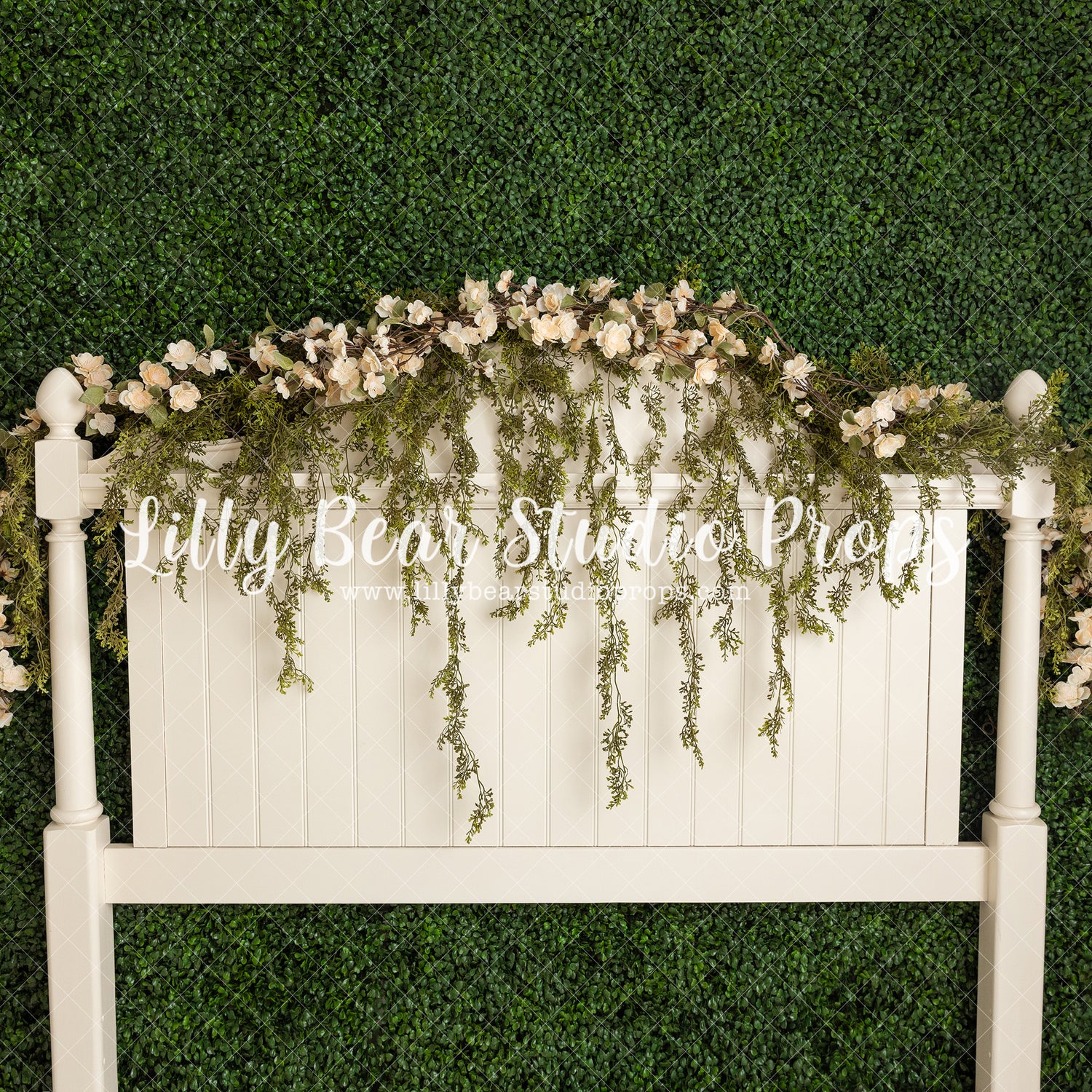 Spring Bloom Headboard - Lilly Bear Studio Props, bed, bed time, boho bed, boxwood, boxwood wall, bush, FABRICS, floral, floral headboard, flowers, frame, garden, grass, green wall, greenery, headboard, pink rose, pink roses, purple roses, red rose, red roses, rose, roses, spring, valentine, valentines, valentines day, vintage headboard, white bed, white headboard, white roses, window