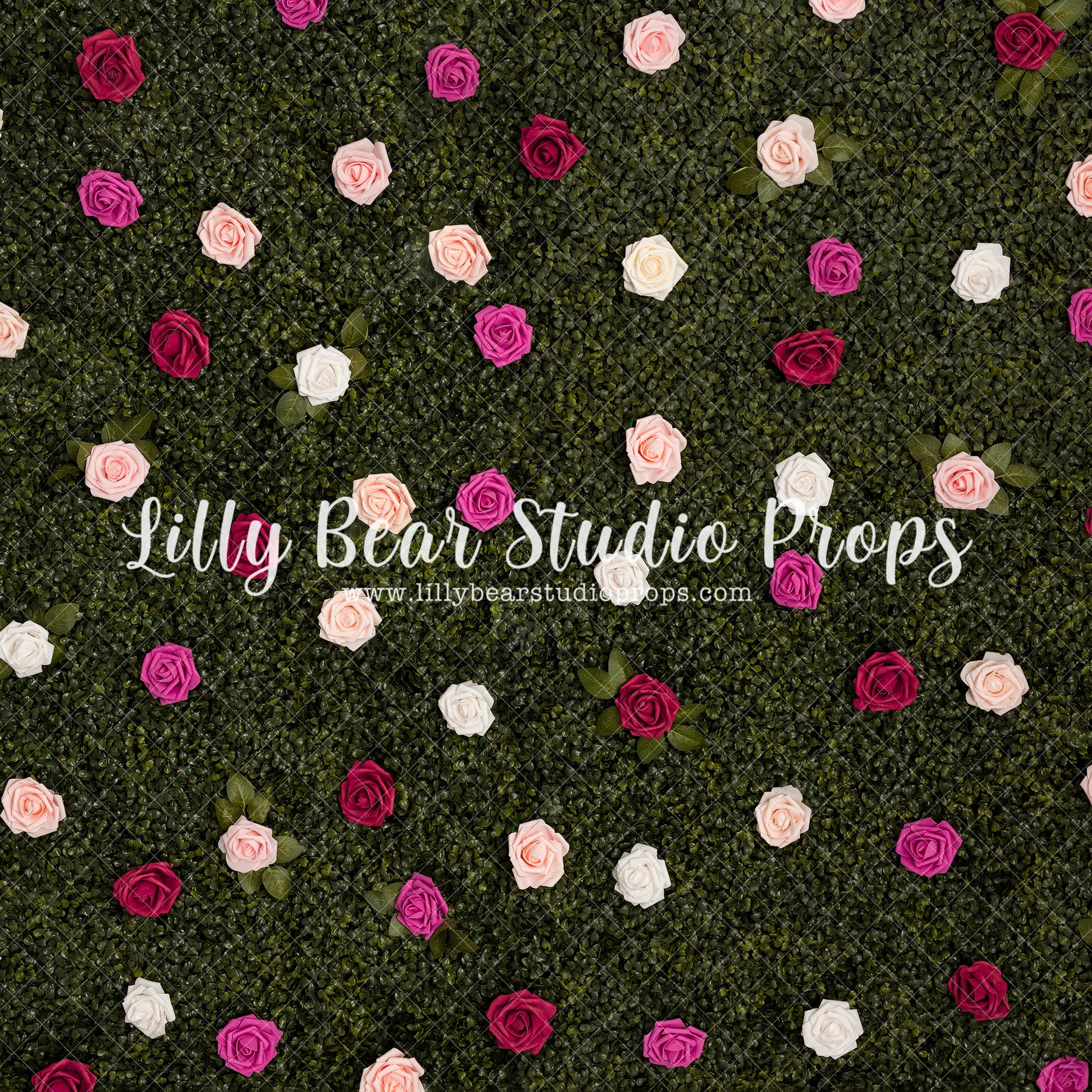 Spring Blooming Rose Wall - Lilly Bear Studio Props, blue roses, boxwood, boxwood wall, bush, FABRICS, floral, flowers, garden, grass, green wall, greenery, pink rose, pink roses, purple roses, red rose, red roses, rose, roses, spring, valentine, valentines, valentines day, white roses