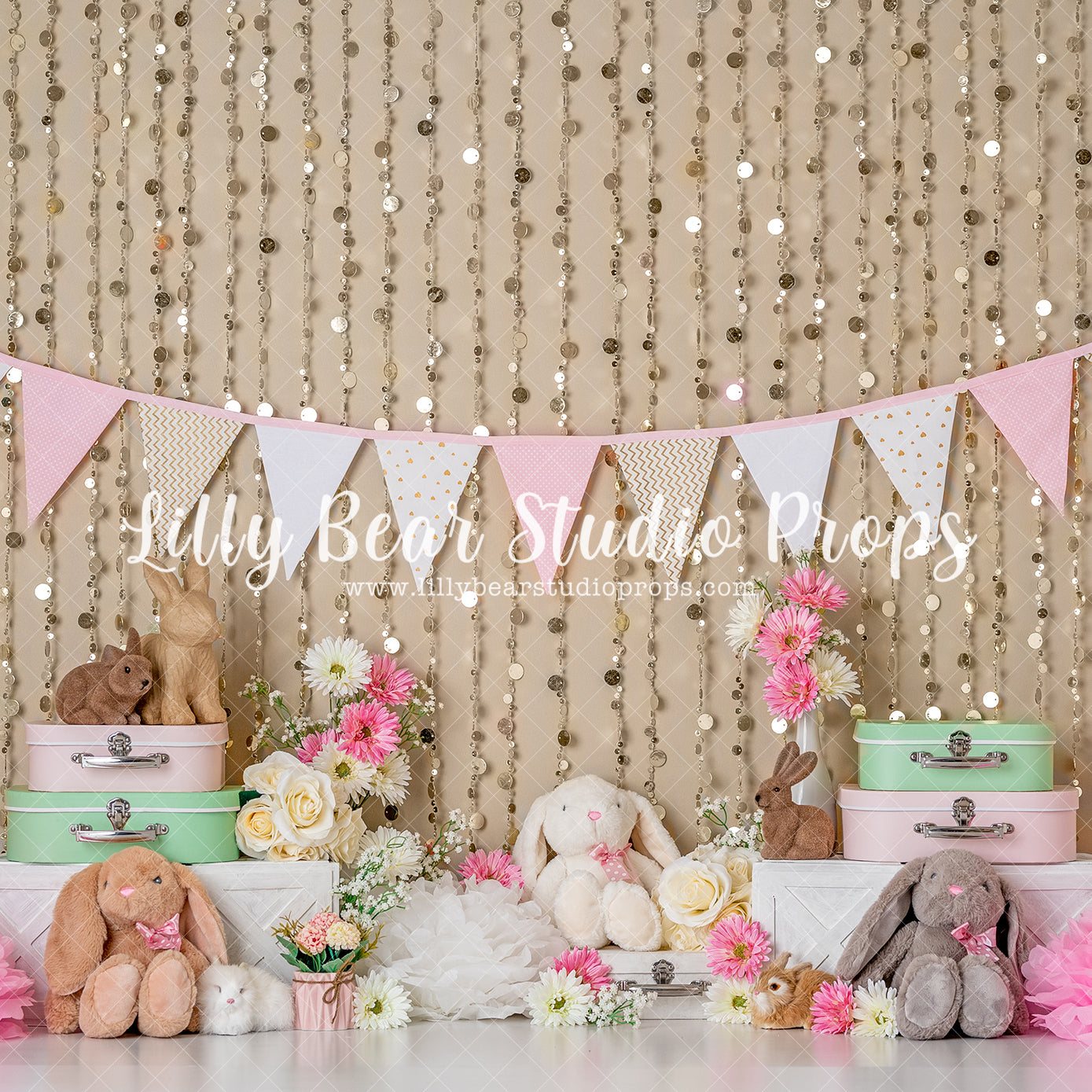 Spring Bunny - Lilly Bear Studio Props, Blushful, blushing, blushing floral, boho greenery, boho teepee, bunnies, bunny, fabric, floral, floral garland, girls, gold bead curtain, gold beads, lace, lantern, pearls, pink flowers, poly, pretty floral, suitcase, white boxes, white picket fence
