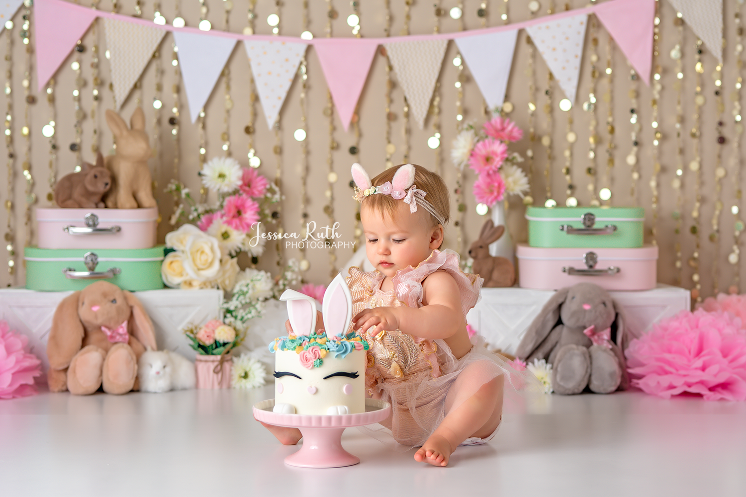 Spring Bunny - Lilly Bear Studio Props, Blushful, blushing, blushing floral, boho greenery, boho teepee, bunnies, bunny, fabric, floral, floral garland, girls, gold bead curtain, gold beads, lace, lantern, pearls, pink flowers, poly, pretty floral, suitcase, white boxes, white picket fence