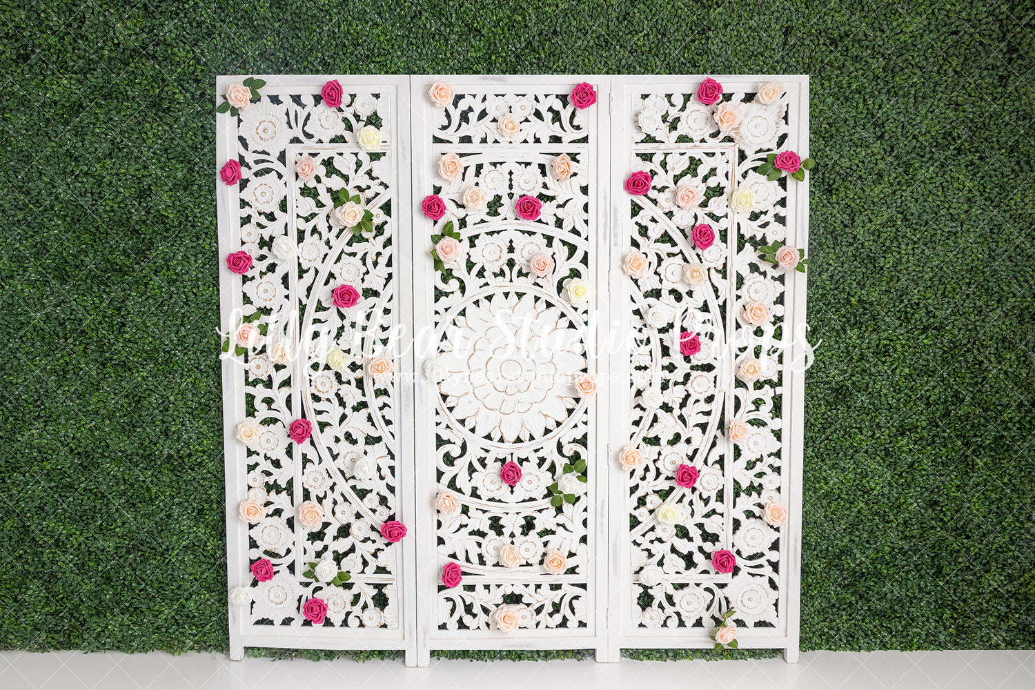 Spring Divider - Lilly Bear Studio Props, boxwood, boxwood wall, bush, FABRICS, floral, floral headboard, flowers, frame, garden, grass, green wall, greenery, headboard, pink rose, pink roses, purple roses, red rose, red roses, rose, roses, spring, valentine, valentines, valentines day, vintage headboard, white headboard, white roses, window