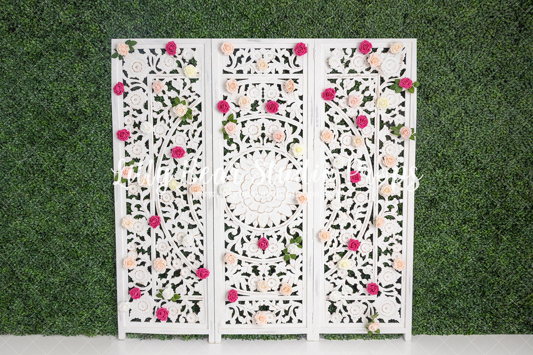 Spring Divider - Lilly Bear Studio Props, boxwood, boxwood wall, bush, FABRICS, floral, floral headboard, flowers, frame, garden, grass, green wall, greenery, headboard, pink rose, pink roses, purple roses, red rose, red roses, rose, roses, spring, valentine, valentines, valentines day, vintage headboard, white headboard, white roses, window
