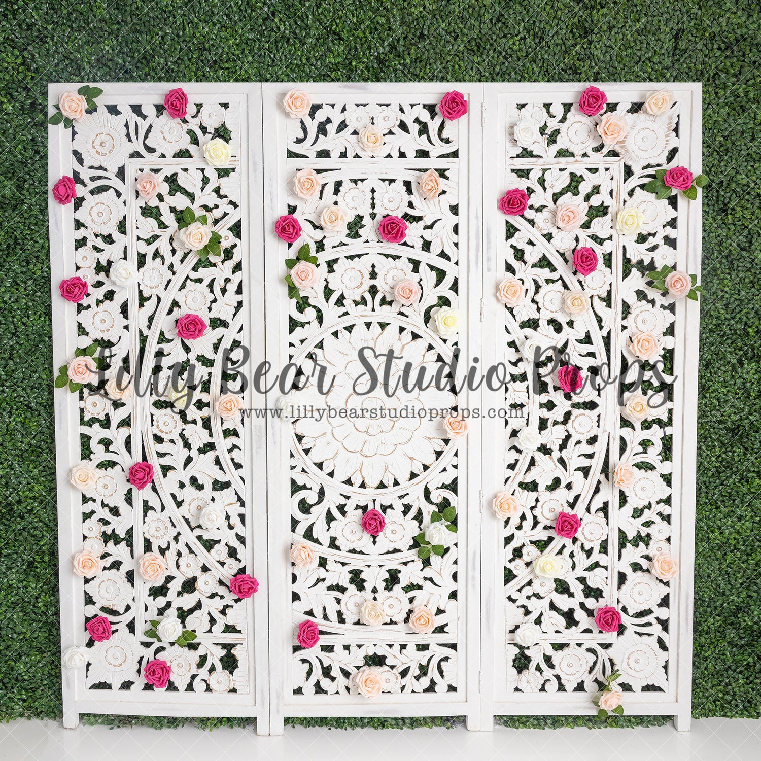 Spring Divider - Lilly Bear Studio Props, boxwood, boxwood wall, bush, FABRICS, floral, floral headboard, flowers, frame, garden, grass, green wall, greenery, headboard, pink rose, pink roses, purple roses, red rose, red roses, rose, roses, spring, valentine, valentines, valentines day, vintage headboard, white headboard, white roses, window