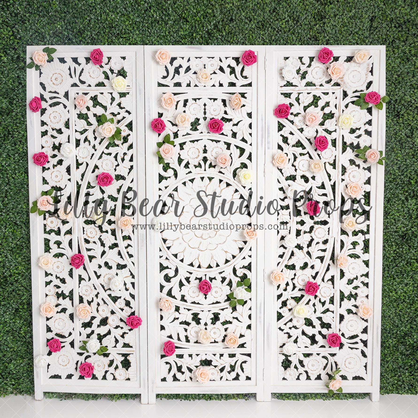 Spring Divider - Lilly Bear Studio Props, boxwood, boxwood wall, bush, FABRICS, floral, floral headboard, flowers, frame, garden, grass, green wall, greenery, headboard, pink rose, pink roses, purple roses, red rose, red roses, rose, roses, spring, valentine, valentines, valentines day, vintage headboard, white headboard, white roses, window