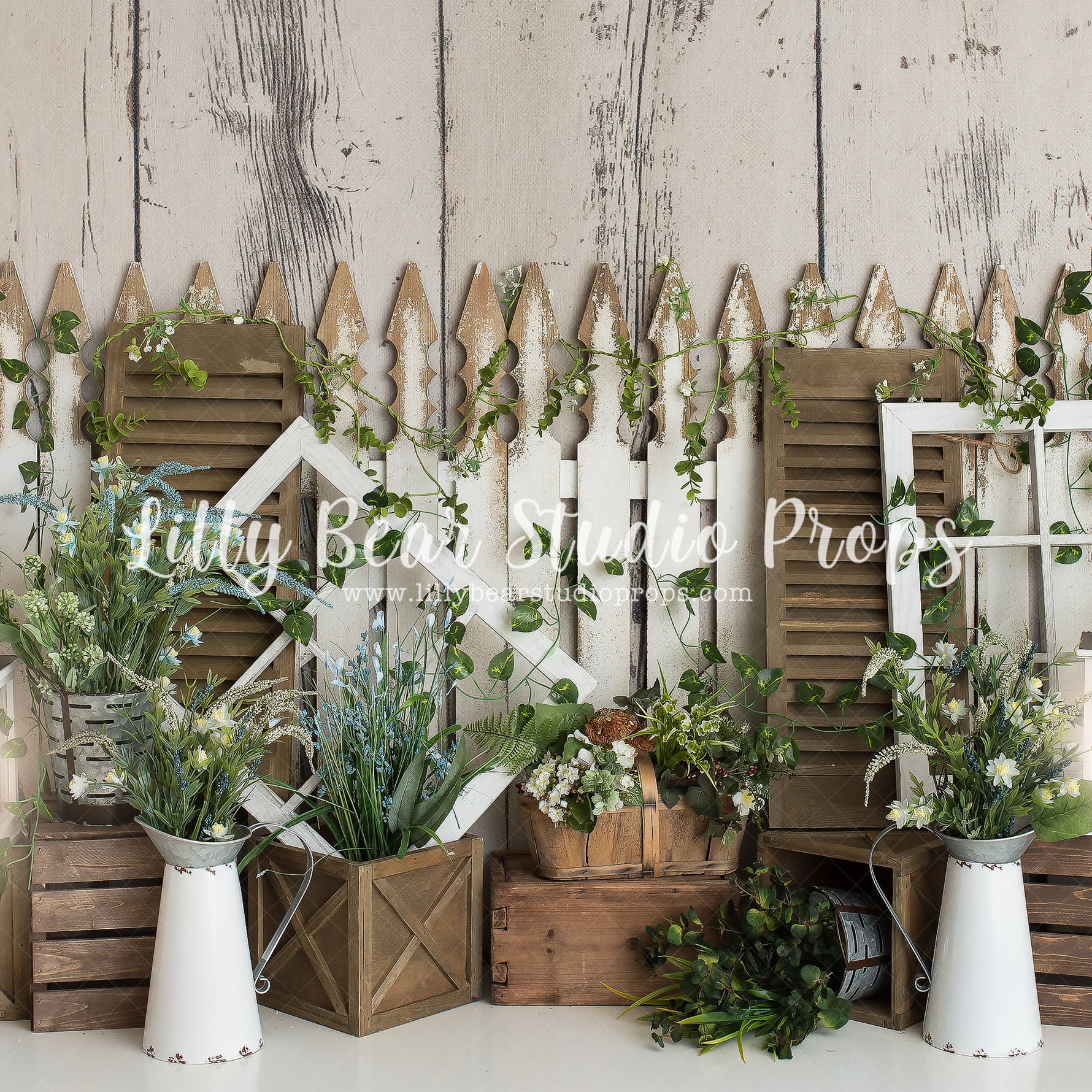 Spring Fence by Daniella Photography sold by Lilly Bear Studio Props, FABRICS - fence - floral - greenery - spring