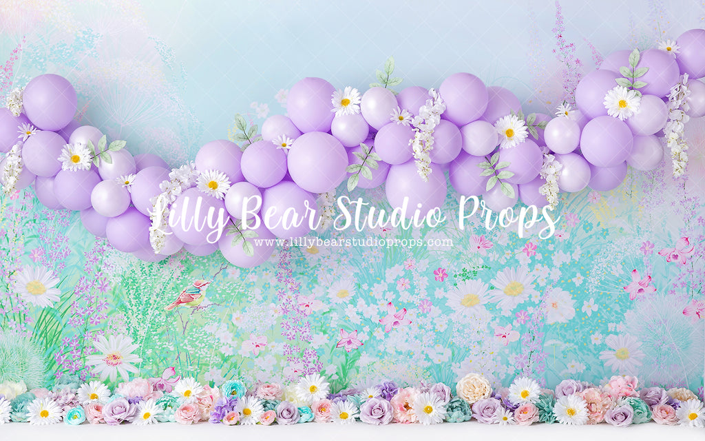 Spring Meadow Daisy Garland - Lilly Bear Studio Props, balloon garland, bright flowers, daisies, daisy, daisy floral, daisy floral garland, daisy garden, floral, floral garden, purple balloon garland, purple balloons, purple floral, spring, spring floral, spring flowers, spring meadow, white floral, white flowers