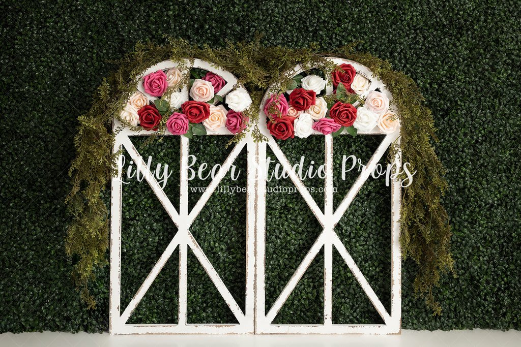 Spring Rose Arch - Lilly Bear Studio Props, boxwood, boxwood wall, bush, FABRICS, floral, flowers, frame, garden, grass, green wall, greenery, pink rose, pink roses, purple roses, red rose, red roses, rose, roses, spring, valentine, valentines, valentines day, white roses, window