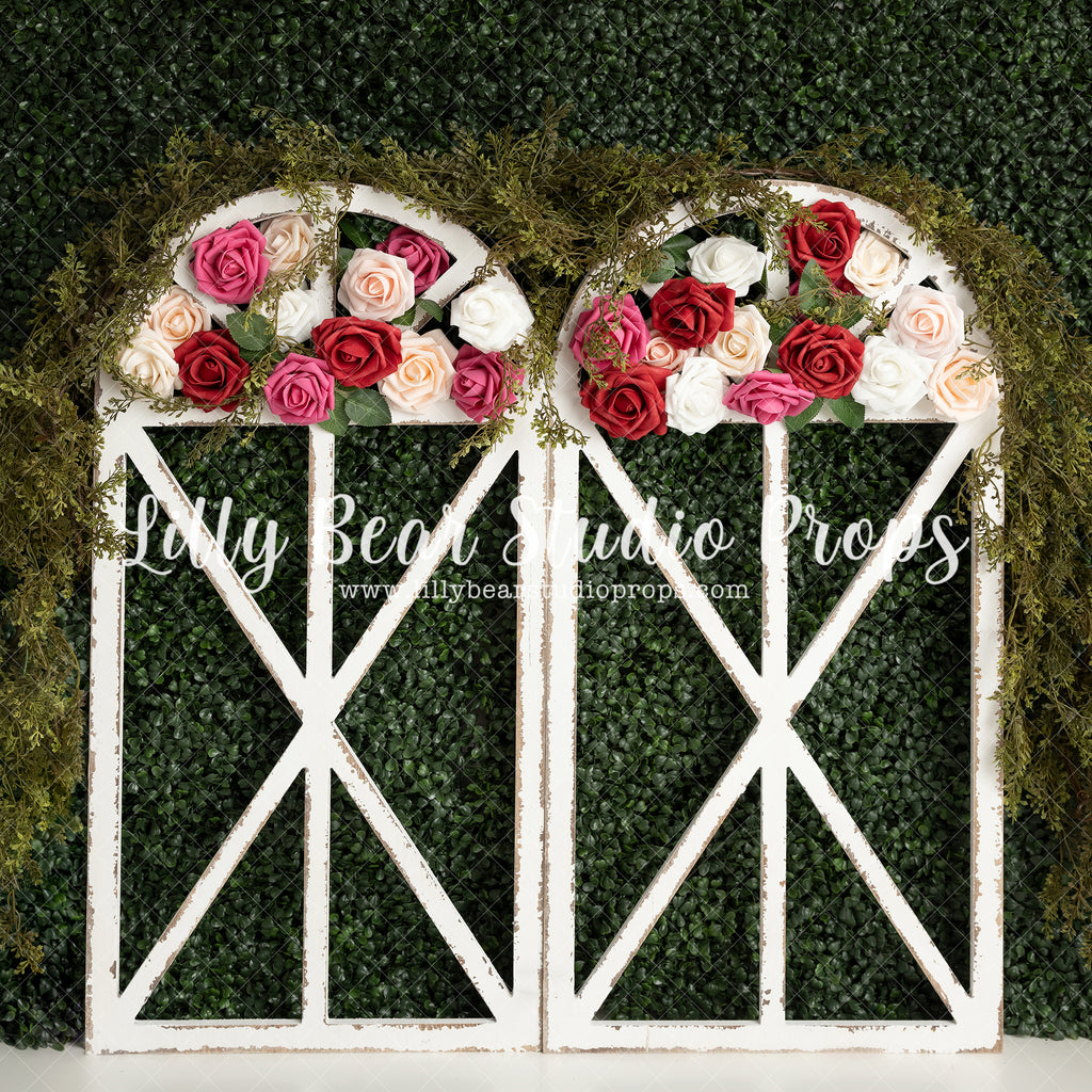 Spring Rose Arch - Lilly Bear Studio Props, boxwood, boxwood wall, bush, FABRICS, floral, flowers, frame, garden, grass, green wall, greenery, pink rose, pink roses, purple roses, red rose, red roses, rose, roses, spring, valentine, valentines, valentines day, white roses, window