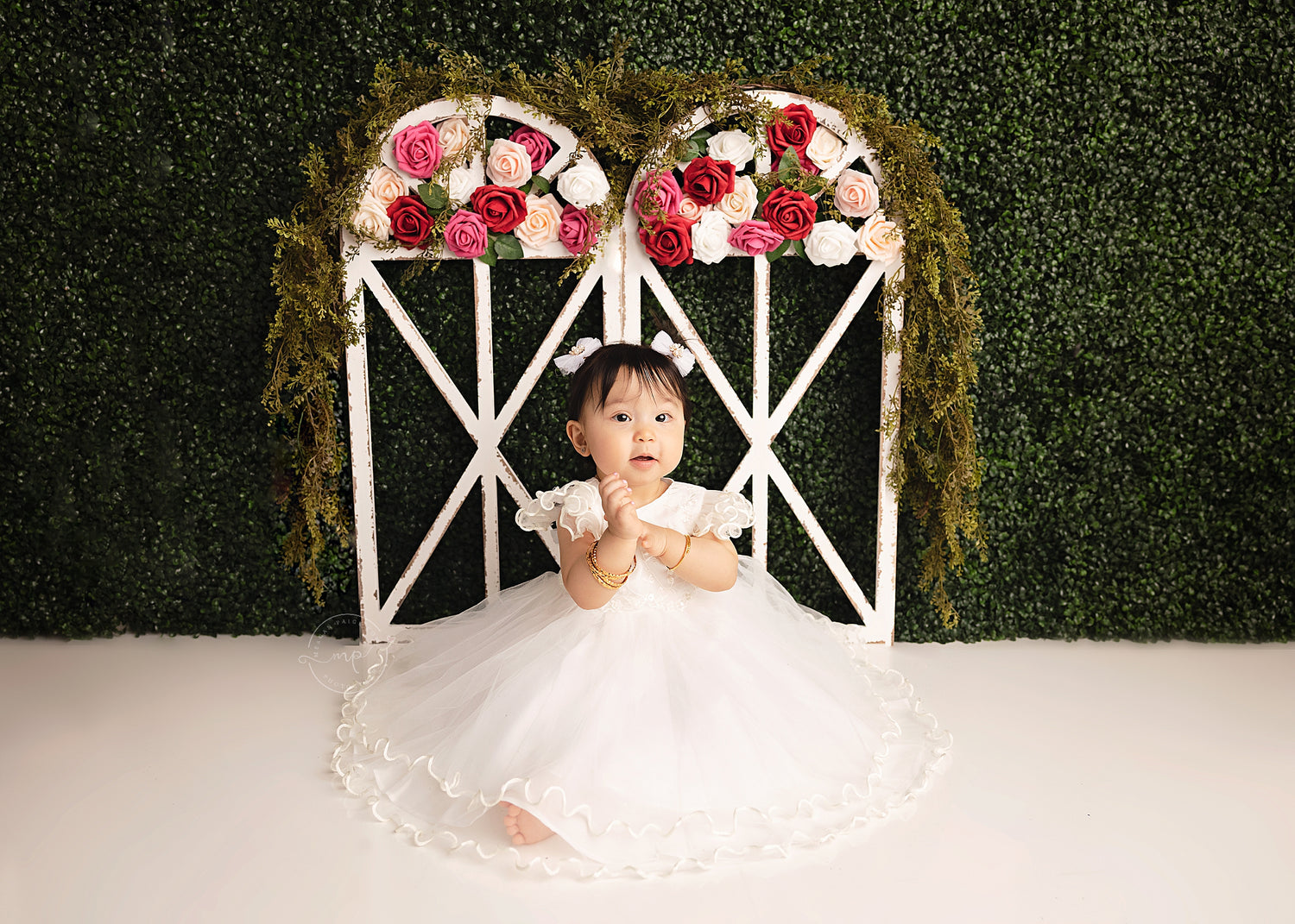 Spring Rose Arch - Lilly Bear Studio Props, boxwood, boxwood wall, bush, FABRICS, floral, flowers, frame, garden, grass, green wall, greenery, pink rose, pink roses, purple roses, red rose, red roses, rose, roses, spring, valentine, valentines, valentines day, white roses, window