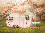 Spring blossom camper - Lilly Bear Studio Props, camper, cherry blossoms, chickens, Fabric, FABRICS, flower spring, little camper, pink camper, pink cherry blossoms, pink tulips, spring, tulip, tulips, VW camper, white cherry blossoms, Wrinkle Free Fabric