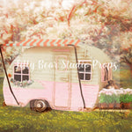 Spring blossom camper - Lilly Bear Studio Props, camper, cherry blossoms, chickens, Fabric, FABRICS, flower spring, little camper, pink camper, pink cherry blossoms, pink tulips, spring, tulip, tulips, VW camper, white cherry blossoms, Wrinkle Free Fabric