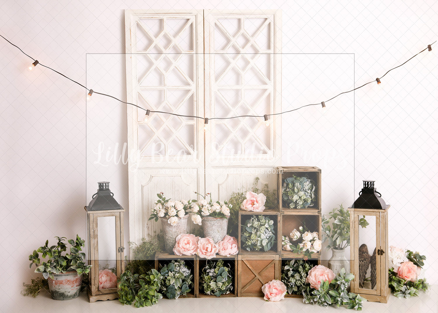 Springtime Boho Floral Lanterns Lights - Lilly Bear Studio Props, boho spring, FABRICS, flower barn doors, flower garden, flower ladder, flower stand, fresh flowers, garden, spanish moss, spring, spring garden, spring mini, spring time, springtime, sprintime, tulips, watering can