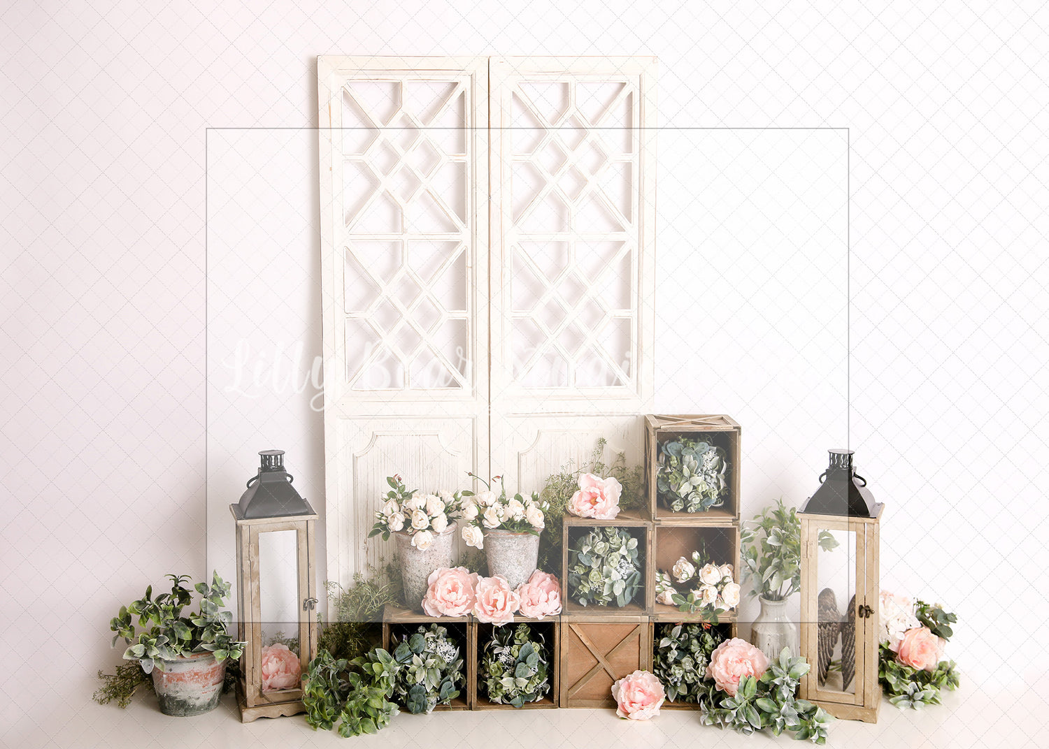 Springtime Boho Floral Lanterns - Lilly Bear Studio Props, boho spring, FABRICS, flower barn doors, flower garden, flower ladder, flower stand, fresh flowers, garden, spanish moss, spring, spring garden, spring mini, spring time, springtime, sprintime, tulips, watering can