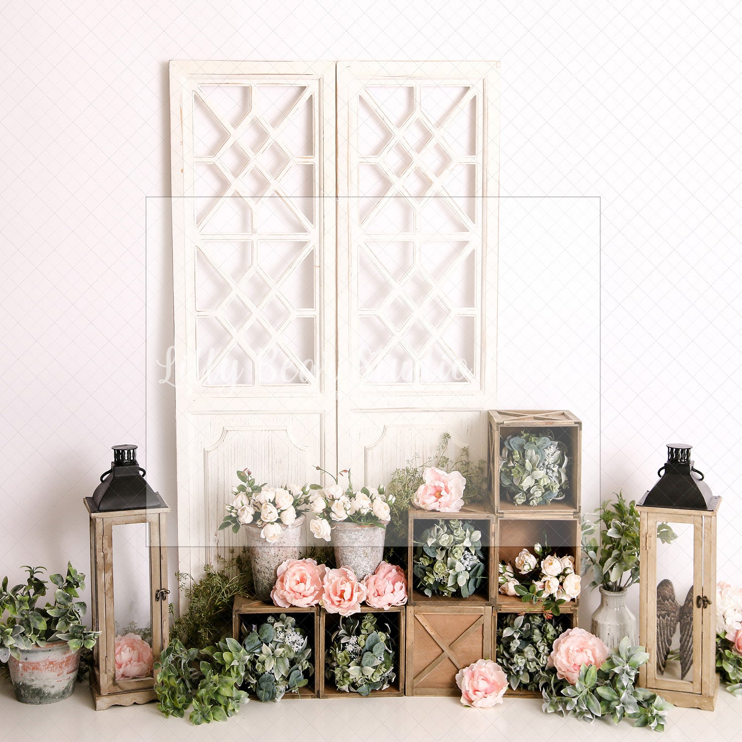 Springtime Boho Floral Lanterns - Lilly Bear Studio Props, boho spring, FABRICS, flower barn doors, flower garden, flower ladder, flower stand, fresh flowers, garden, spanish moss, spring, spring garden, spring mini, spring time, springtime, sprintime, tulips, watering can