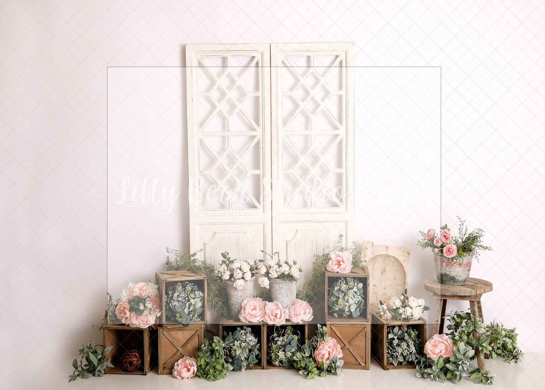 Springtime Boho Shutters - Lilly Bear Studio Props, boho spring, FABRICS, flower barn doors, flower garden, flower ladder, flower stand, fresh flowers, garden, spanish moss, spring, spring garden, spring mini, spring time, springtime, sprintime, tulips, watering can