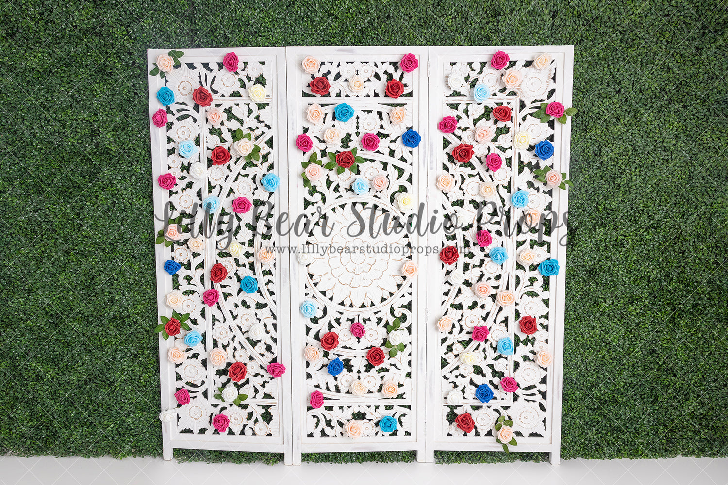 Springtime Rose Divider - Lilly Bear Studio Props, boxwood, boxwood wall, bush, FABRICS, floral, floral headboard, flowers, frame, garden, grass, green wall, greenery, headboard, pink rose, pink roses, purple roses, red rose, red roses, rose, roses, spring, valentine, valentines, valentines day, vintage headboard, white headboard, white roses, window